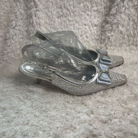 EY Boutique silver glitter &patent silver trim 3”heels satin gray bow accentSZ12 - Picture 7 of 13